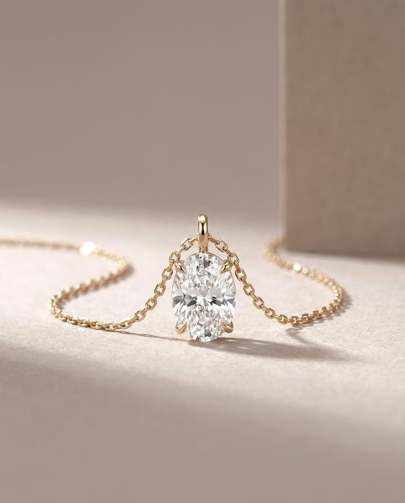 18K Solid Gold Oval Lab Diamond Pendant Necklace