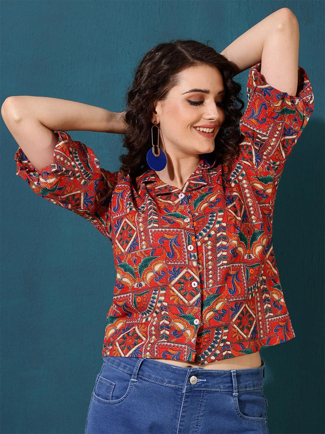 Print Bell Sleeve Ethnic Shirt Style Top