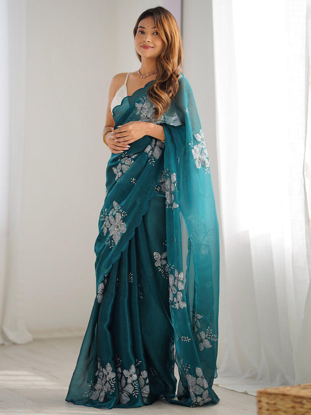 Ethnic Motifs Sequinned Organza Saree